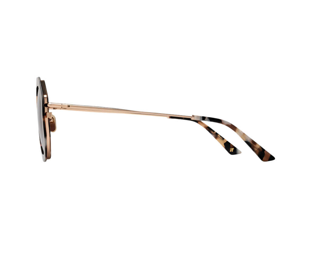Side view of Angie Sunglasses by Jimmy Fairly, featuring a round stainless steel frame and tortoiseshell-patterned temple tips, set against a white background.