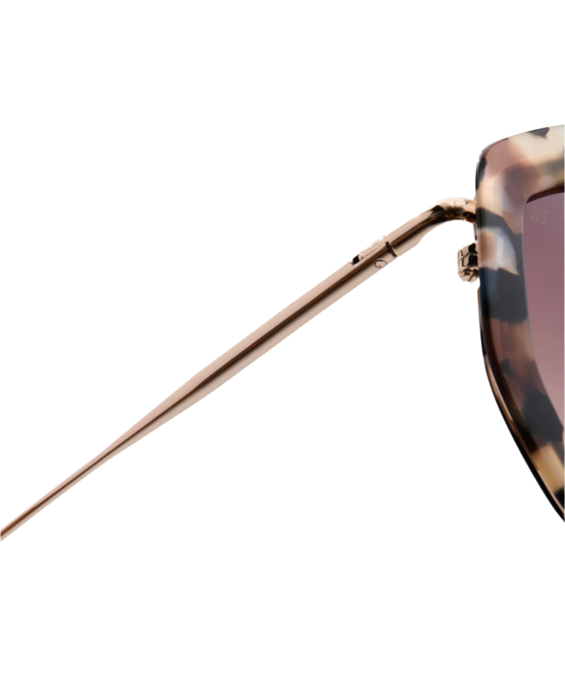 Close-up of the right arm and partial frame of Jimmy Fairly Angie Sunglasses, featuring a tortoiseshell-patterned acetate frame, gold-colored metal temple, and brown-tinted lens.