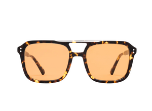 Front view of Jimmy Fairly Elma JF Colors Sunglasses: tortoiseshell frame in premium cellulose acetate, rectangular orange-tinted lenses, keyhole bridge, set against a white background.