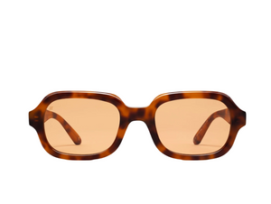 The Freja Sunglasses by Jimmy Fairly feature a brown tortoiseshell rectangular frame in premium cellulose acetate with amber-tinted lenses, showcased on a white background.