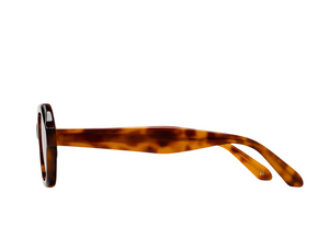 Side view of Jimmy Fairly Freja Sunglasses—brown tortoiseshell rectangular frames with curved arms, made from durable cellulose acetate—displayed on a white background.