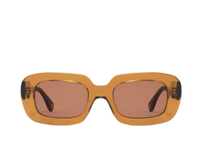 The Ily Sunglasses by Jimmy Fairly feature a sturdy rectangular cellulose acetate frame in orange with brown-tinted lenses, shown against a white background.