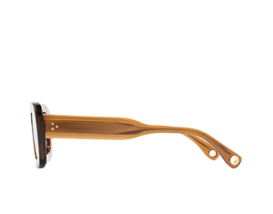 Side view of Ily Sunglasses by Jimmy Fairly, featuring amber-colored, rectangular cellulose acetate frames with black rims, metal hinges, and two small holes at the temple arm ends, displayed on a white background.