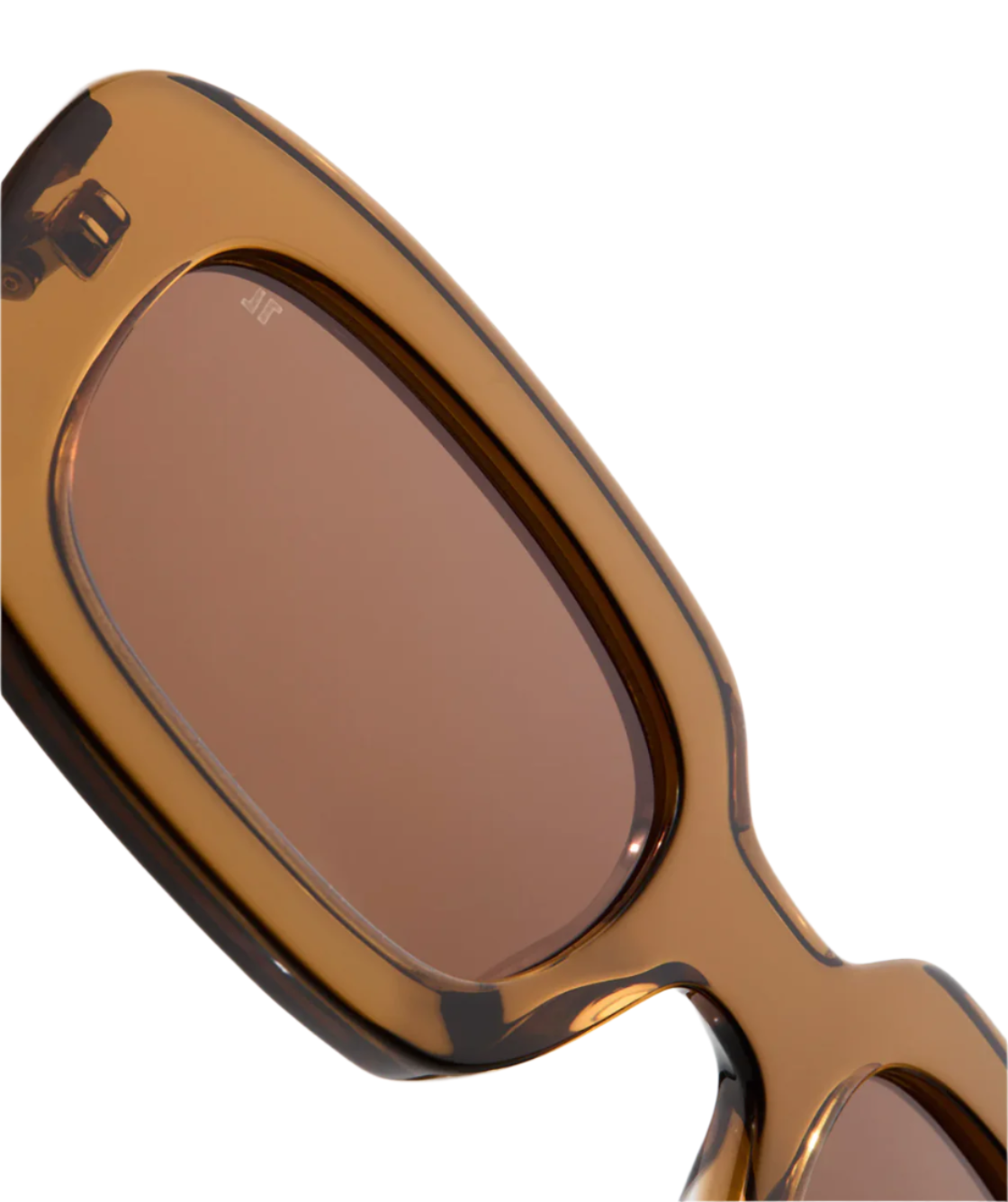 Close-up of Ily Sunglasses by Jimmy Fairly, featuring a glossy tortoiseshell cellulose acetate frame with metal hinges, revealing part of the brown rectangular lenses and bridge against a white background.