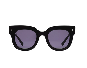 The Maya Sunglasses by Jimmy Fairly feature black rectangular cellulose acetate frames and dark tinted lenses, displayed front-facing on a white background.