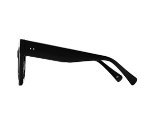 Side view of black Maya Sunglasses by Jimmy Fairly, featuring thick cellulose acetate arms, two small metal dots near the hinge, and a subtle logo on the temple tip, set against a white background.