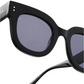 Close-up of Jimmy Fairly's Maya Sunglasses featuring a black rectangular design, dark tinted lenses, and glossy cellulose acetate frames and arms.
