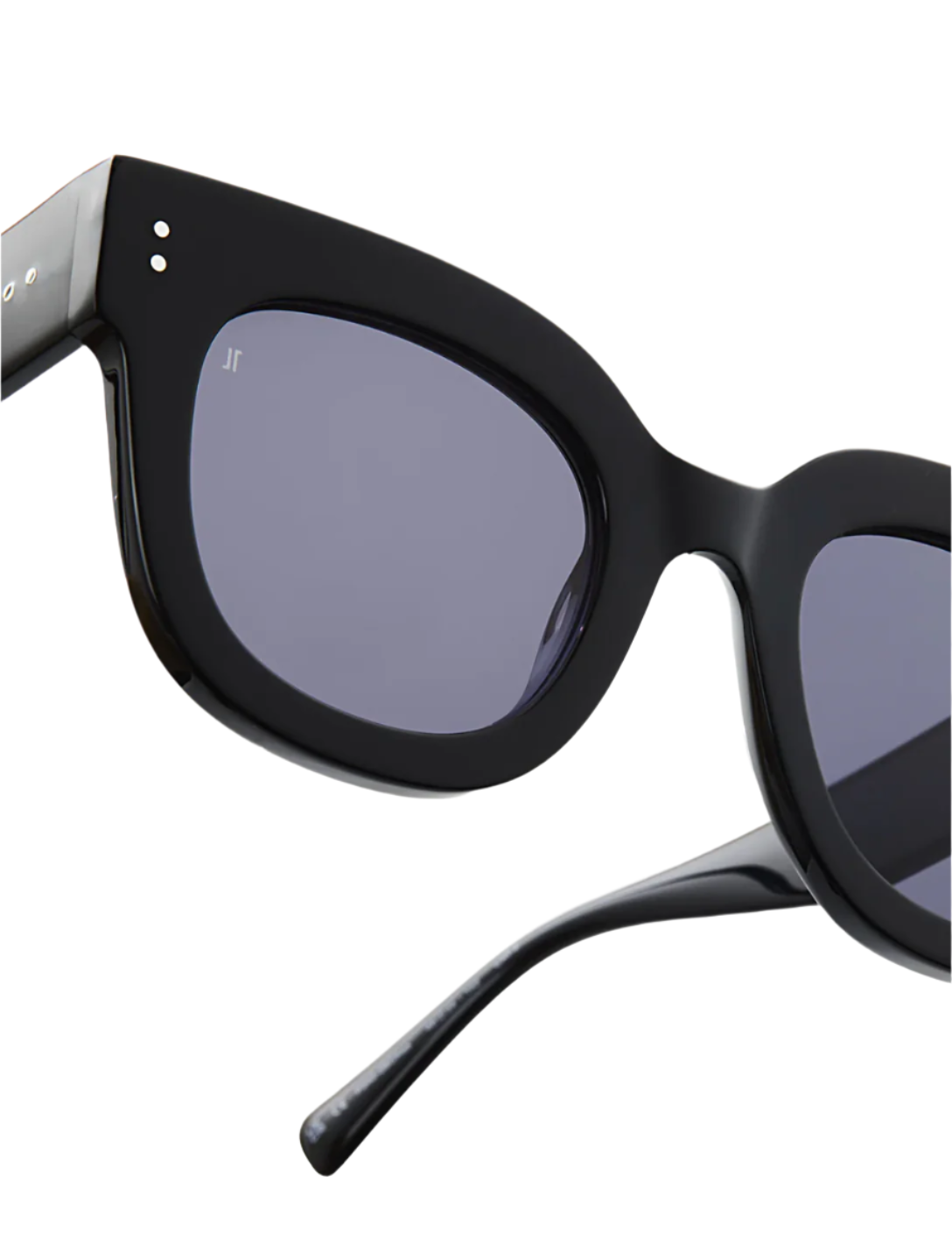 Close-up of Jimmy Fairly's Maya Sunglasses featuring a black rectangular design, dark tinted lenses, and glossy cellulose acetate frames and arms.