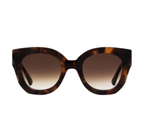 The Jimmy Fairly Swirl Sunglasses feature a brown tortoiseshell butterfly cat-eye frame in cellulose acetate with dark gradient lenses, shown from the front on a white background.