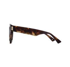 Side view of Swirl Sunglasses by Jimmy Fairly, featuring rectangular lenses, brown tortoiseshell frame with gold hinge detailing, crafted from premium cellulose acetate, displayed on a white background.