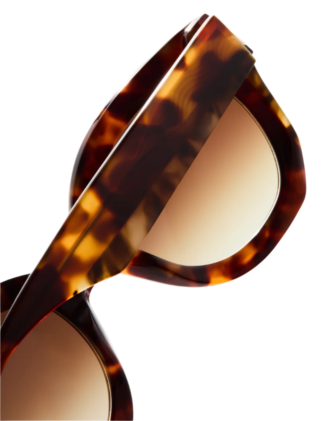 Close-up of Jimmy Fairly Swirl Sunglasses, featuring a tortoiseshell butterfly frame made from cellulose acetate and brown gradient lenses, shown against a white background.