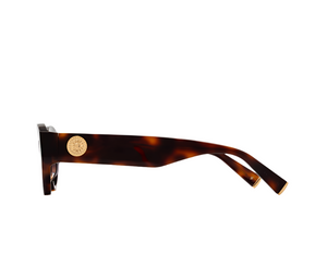 The Jimmy Fairly Meli Icons Sunglasses are pictured from the side, showcasing their butterfly tortoiseshell frame and a gold circular emblem on the arm near the hinge.
