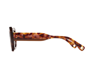 Side view of Portofino Sunglasses by Jimmy Fairly, featuring a hexagonal, tortoiseshell-patterned frame with two metal rivets on the arm, made from recycled acetate, shown against a white background.