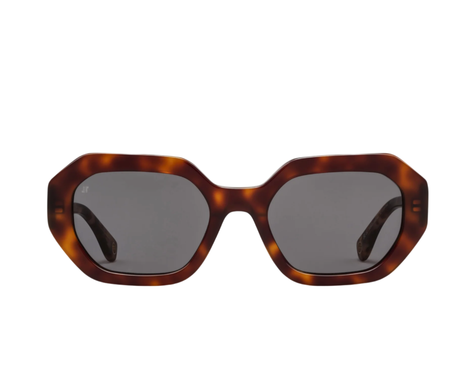 The Jimmy Fairly Portofino Sunglasses feature thick, geometric brown tortoiseshell frames and dark lenses made from recycled acetate, shown against a white background.