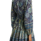 A woman is seen from behind wearing the Ulla Johnson Anika Dress, featuring a patchwork print, blouson sleeves, gathered waist, and shoulder tie details.