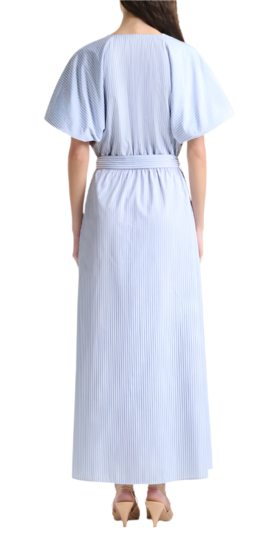 A woman is shown from the back wearing the Altuzarra Paulina Banker Stripe Dress—an ankle-length cotton poplin shirt dress with pleats, short sleeves, and a belt—paired with nude heels.