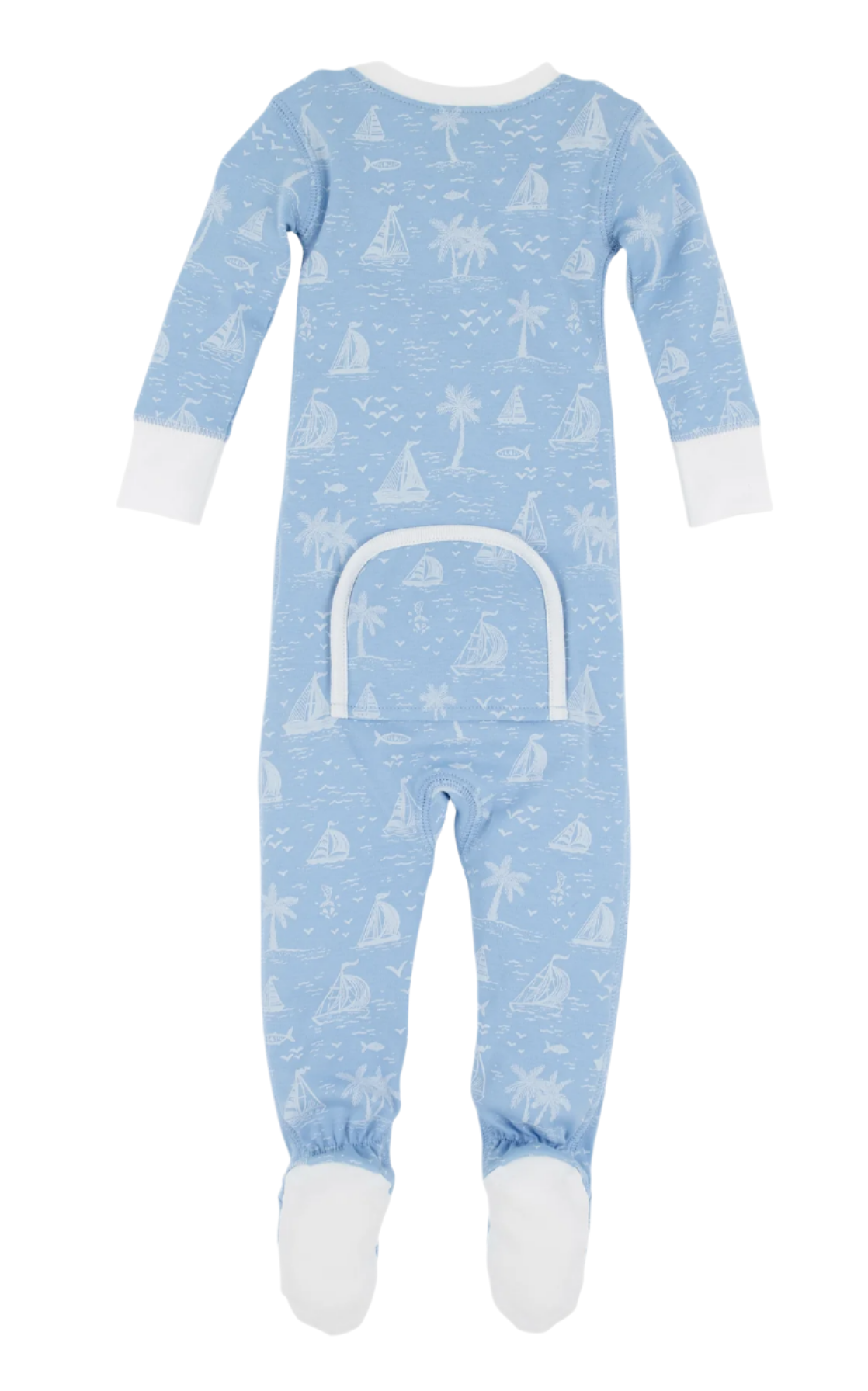 A blue pima cotton onesie with white cuffs and feet, featuring sailboat and palm tree prints plus a back flap. From The Beaufort Bonnet Company’s Baby Boys' Knox's Night Night collection.