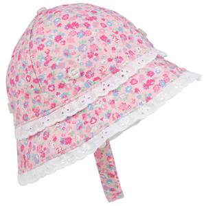 The Beaufort Bonnet Company Baby Girls' Beaufort Bucket Hat features a pink floral pattern, white lace trim, decorative buttons, UPF protection, and a secure chin strap.