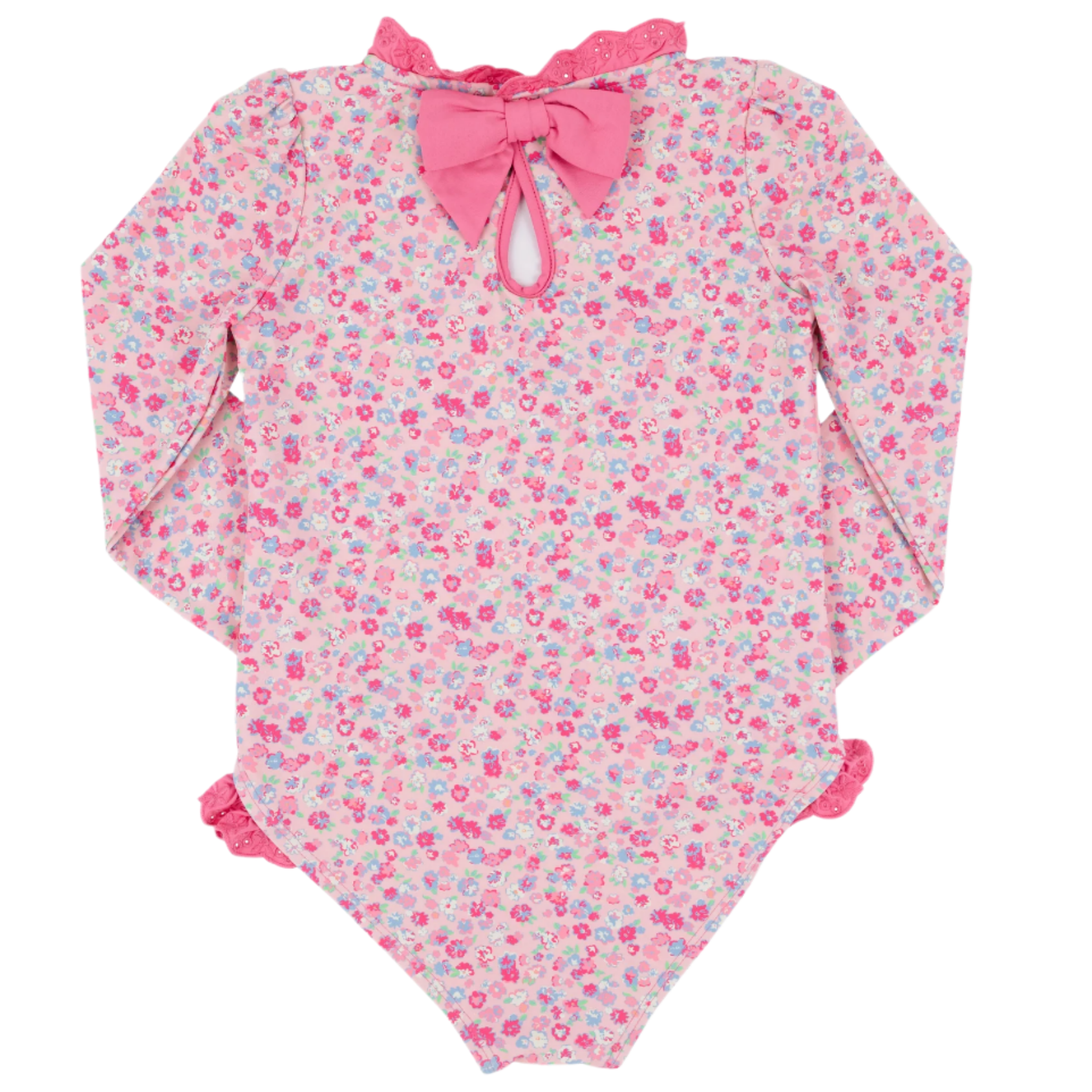 The Beaufort Bonnet Company's Baby Girls and Girls' Sarasota Surf Suit features a pink floral print, lace trim, and a big back bow—offering sweet style and sun protection.
