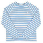 The Beaufort Bonnet Company’s Baby Boys' and Boys' Walker's Wave Swim Shirt features Saratoga Sky Stripe in light blue and white, a small left chest logo, and UPF 35+ for added sun protection.