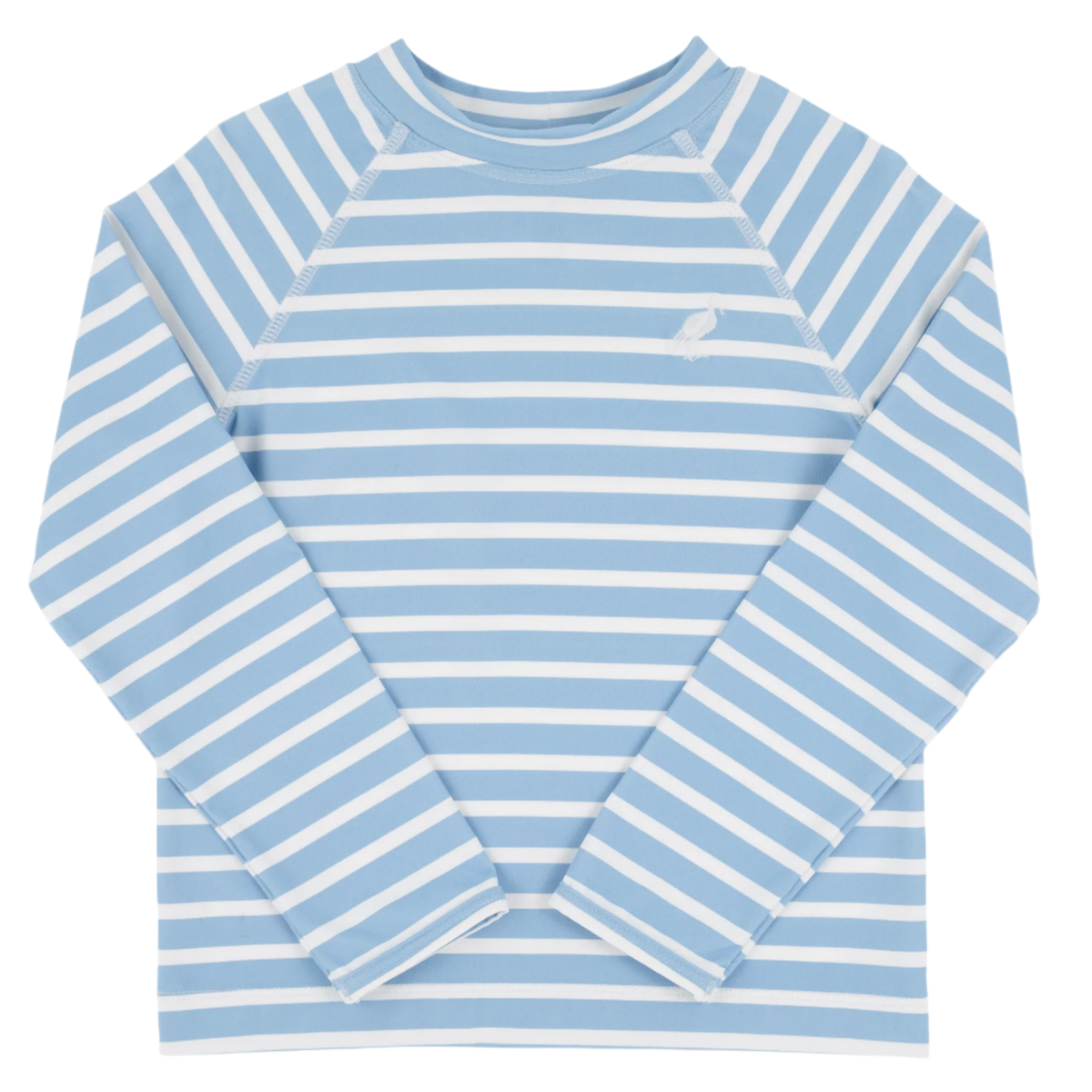 The Beaufort Bonnet Company’s Baby Boys' and Boys' Walker's Wave Swim Shirt features Saratoga Sky Stripe in light blue and white, a small left chest logo, and UPF 35+ for added sun protection.