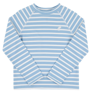 The Beaufort Bonnet Company’s Baby Boys' and Boys' Walker's Wave Swim Shirt features Saratoga Sky Stripe in light blue and white, a small left chest logo, and UPF 35+ for added sun protection.