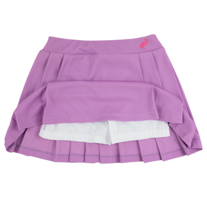 The Beaufort Bonnet Company’s Girls' Prepletic™ Sammy Sport Skort in lavender features pleats, built-in white shorts, and a pink bird logo on the waistband—stylish for any activity.