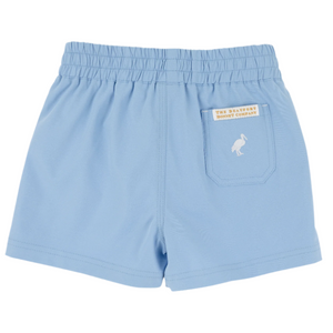 The Beaufort Bonnet Company Baby Boys' and Boys' Prepletic™ Sheffield Shorts in Sarasota Sky feature an elastic waistband, a back pocket with a white pelican, and a branded label—perfect for children.