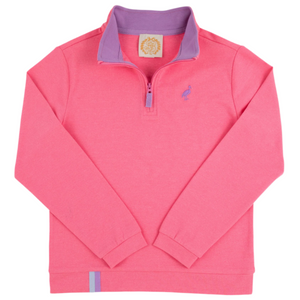 The Girls' Prepletic™ Hayword Half Zip by The Beaufort Bonnet Company features a pink design with a purple collar lining, purple embroidered bird on the chest, and a small purple stripe near the hem. Made from performance fabric for comfort.