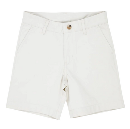 The Beaufort Bonnet Company Boys' Prepletic™ Charlie's Chinos: white knee-length shorts with side pockets, belt loops, and a front button closure, made from performance fabric, shown laid flat on a plain background.