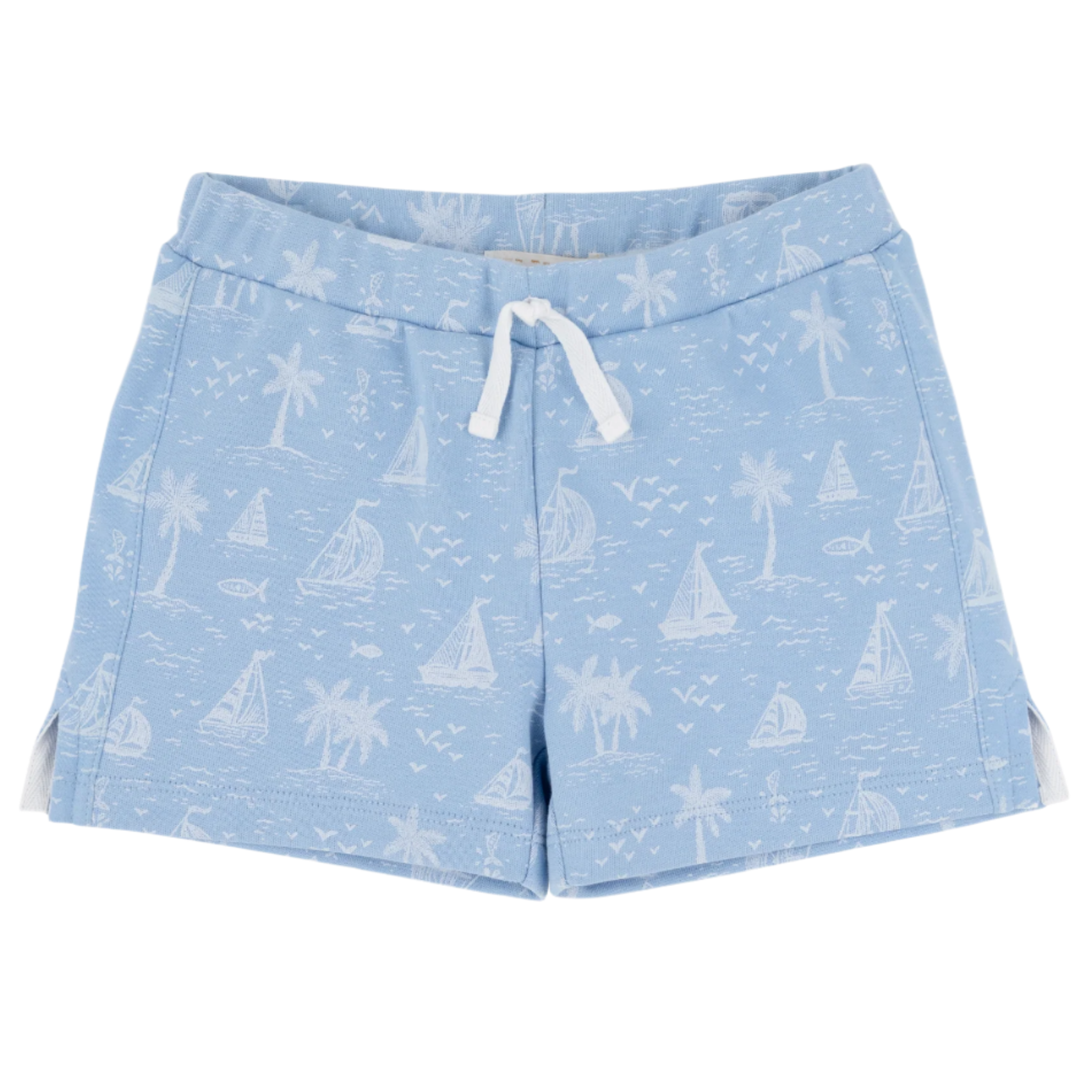 The Beaufort Bonnet Company’s Baby Boys' and Boys' Shaefer Shorts feature soft pima cotton in light blue, a white drawstring, and a charming pattern of sailboats, palm trees, birds, and fish.