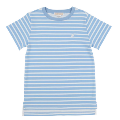 The Beaufort Bonnet Company’s Baby Boys’ Carter Crewneck T-shirt in Buckhead Blue Stripe with white horizontal stripes is shown laid flat on a white background.