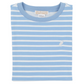 A neatly folded Baby Boys' Carter Crewneck by The Beaufort Bonnet Company, featuring light blue and white stripes with a small white embroidered logo on the chest.