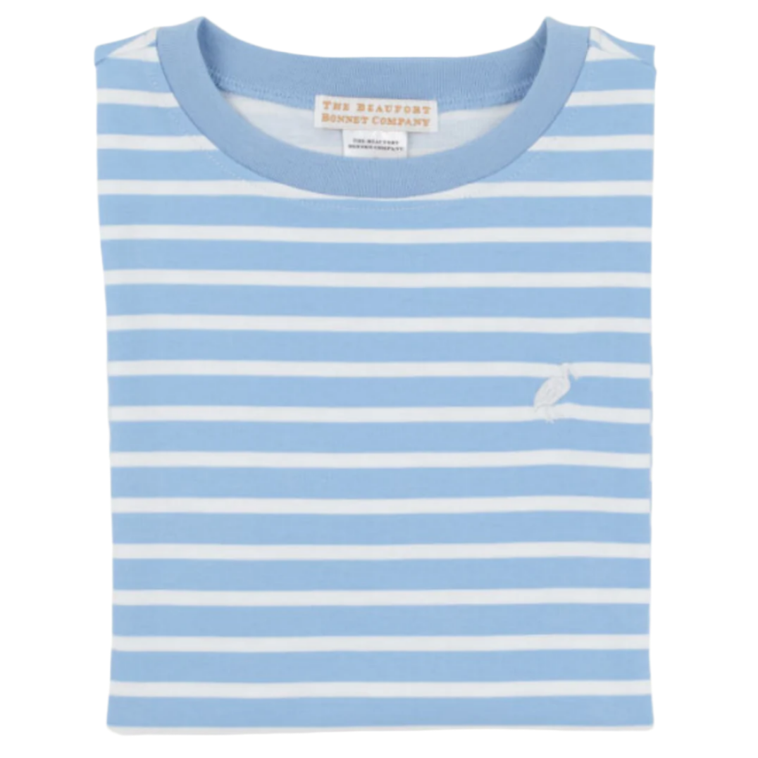 A neatly folded Baby Boys' Carter Crewneck by The Beaufort Bonnet Company, featuring light blue and white stripes with a small white embroidered logo on the chest.