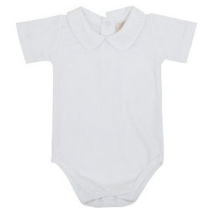 The Beaufort Bonnet Company’s Baby Boys' Pima Peter Pan Collar Onesie features a classic white design, short sleeves, and bottom snap closures—perfect for your little gent.