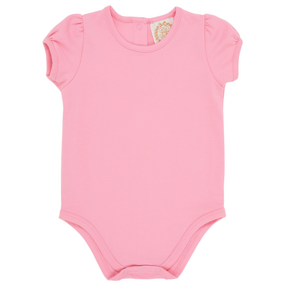 The Beaufort Bonnet Company Baby Girls' Penny's Play Onesie is a pink short-sleeve everyday piece with snap closures at the bottom, inspired by Penny's Play Shirt and shown on a white background.