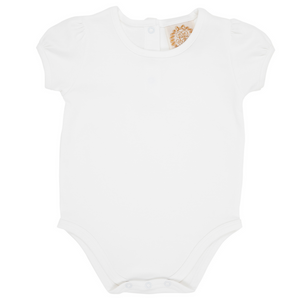 The Beaufort Bonnet Company Baby Girls' Penny's Play Onesie: a white short-sleeve style with snap closures and a round neckline, designed for comfort and style—perfect for everyday wear. Displayed on a plain white background.