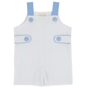 The Beaufort Bonnet Company Baby Boys' Teddy's Tab Jon Jon features blue shoulder straps, Whitby Windowpane plaid fabric, and two decorative blue buttons on the chest and sides.
