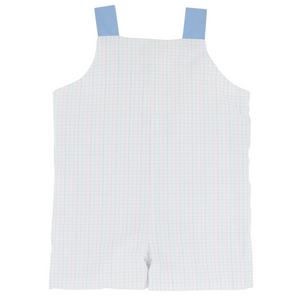 The Beaufort Bonnet Company's Baby Boys' Teddy's Tab Jon Jon features light blue shoulder straps and a pastel plaid Whitby Windowpane pattern in pink, blue, and green on white—a perfectly charming romper for little ones.