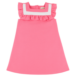 Girls' Darla Dress by The Beaufort Bonnet Company, sleeveless and pink, made of pima cotton with a ruffled neckline and white rectangular trim across the chest, shown on a white background.
