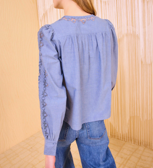A person stands facing away from the camera, wearing Ulla Johnson's light blue Kady Blouse featuring lace details and geometric embroidery on the sleeves and shoulders, paired with blue jeans.