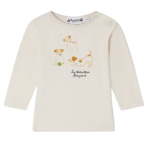 The Bonpoint Baby Boys' Tahsin T-shirt in organic cotton features a cream color, long sleeves, and dog print on the front.