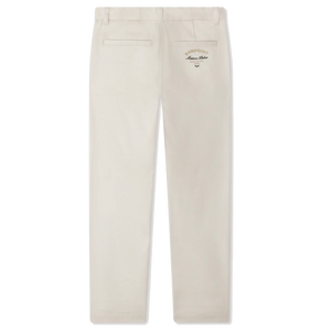Bonpoint Boys' Timote 4-Pocket Pants in organic cotton, shown in light beige from the back, feature a single back pocket with "Bonpoint Mon Amie" text and a smiley face above the pocket.
