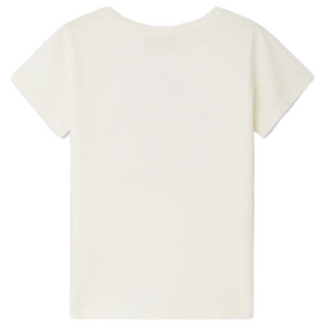 The Bonpoint Girls' Alcala T-shirt with Jam Print, made from soft organic cotton, is shown short-sleeved and laid flat with the back facing up on a white background.