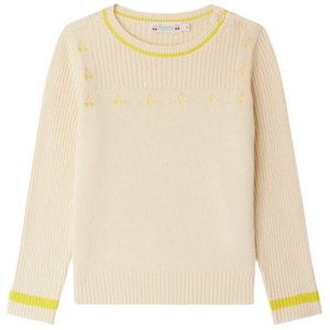 The Bonpoint Girls' Enrica Ribbed Sweater features a cream color, long sleeves, yellow trim, and delicate cherry embroideries near the neckline and cuffs.