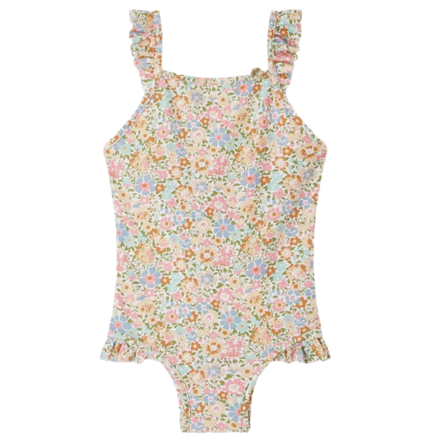 The Bonpoint Baby Girls' and Girls' Cecilia Ruffled Swimsuit with Liberty Print features pastel floral patterns and ruffle accents on straps and legs, crafted from soft Liberty fabric.