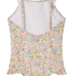 The Bonpoint Baby Girls' and Girls' Cecilia Ruffled Swimsuit features a Liberty print with ruffle details on the shoulder straps and hips.