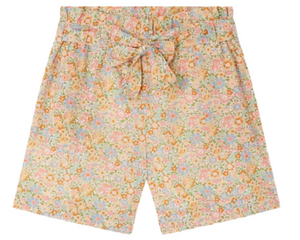 Bonpoint Girls' Elmie Belted Shorts, made with Liberty Fabrics in a pastel floral print, feature a high-waisted fit and matching fabric bow belt, shown against a white background.