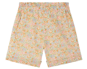 Bonpoint's Girls' Elmie Belted Shorts, made with Liberty Fabrics, feature an elastic waistband and a pastel floral pattern in pink, orange, yellow, and blue tones.