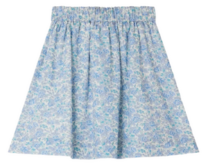 The Bonpoint Girls' Esterina Buttoned Skirt, made with Liberty fabric, features a light blue floral print on white and an elastic waistband with a bow, perfect for girls.